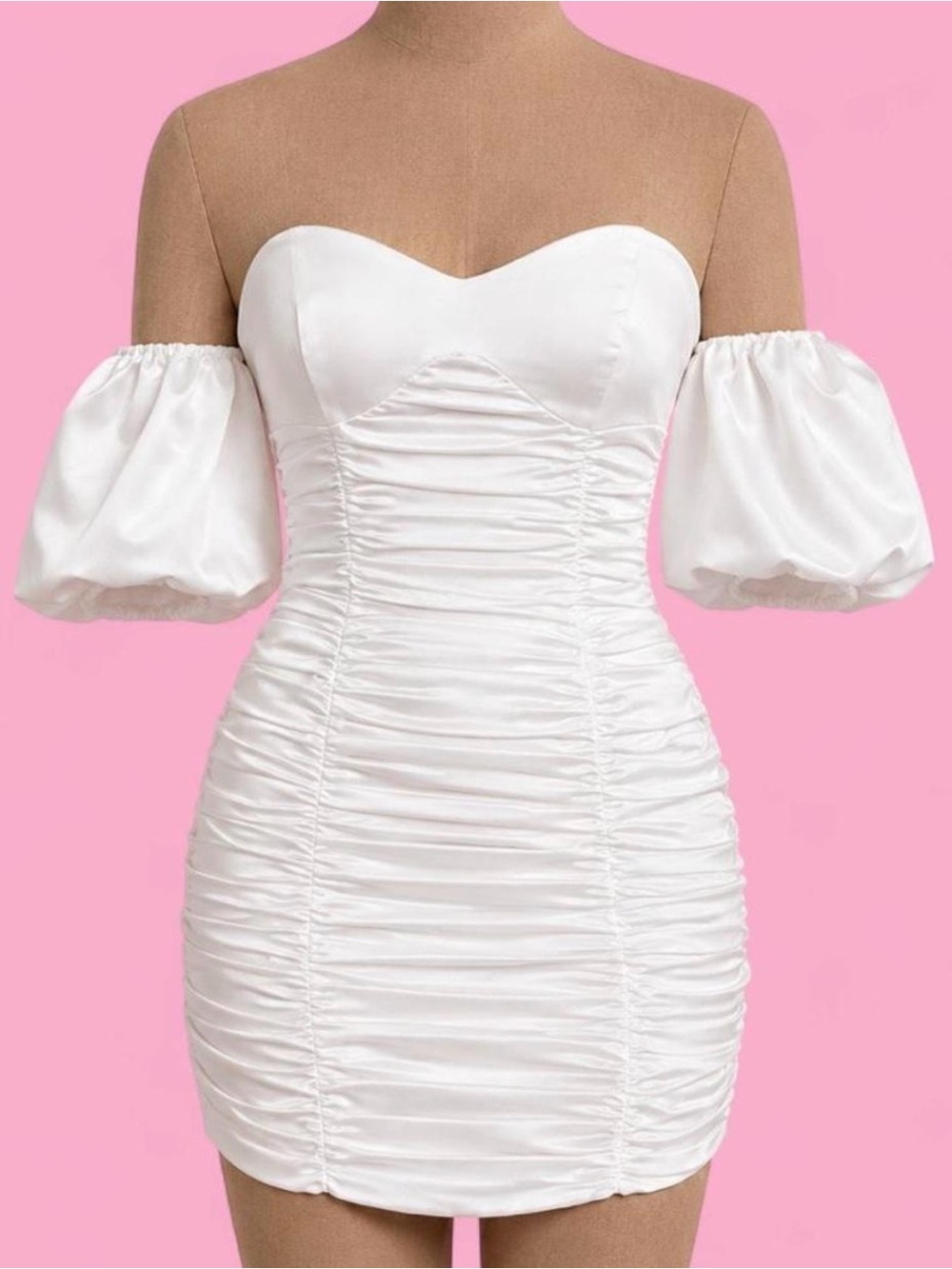 NWT MESHKI Jacqueline Puffed Sleeve Ruched Mini Dress In White